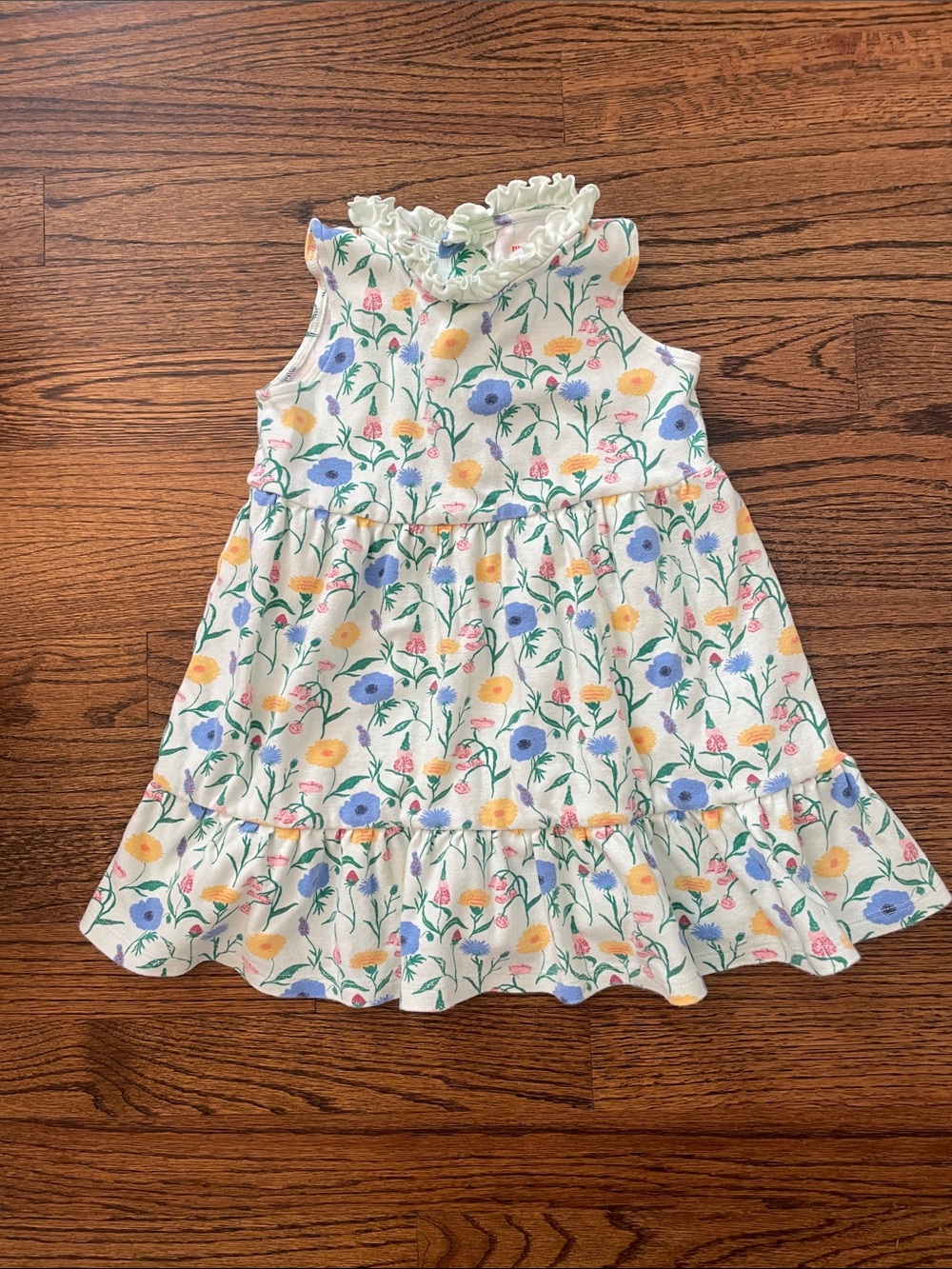 Magnetic Me White Sleeveless Floral Ruffle Neck Dress with Blue & Yellow Flowers